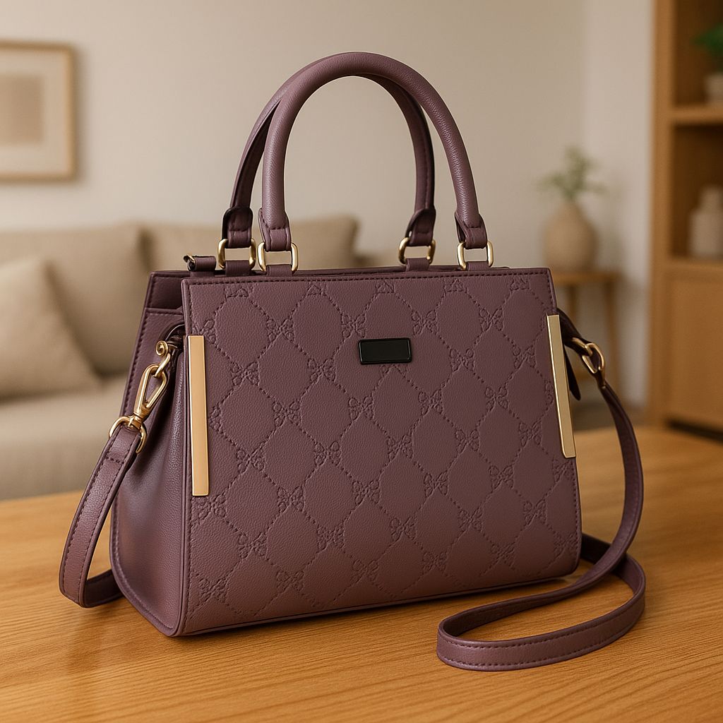 Elegant Purple Debossed Handbag with Gold-Tone Accents