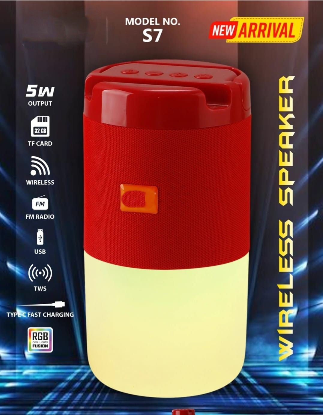 Latest S7 (Portable Bluetooth Speaker) Dynamic Thunder Sound High Quality Bass 5 W Multi-Compatibility Modes, RGB Lights Bluetooth Speaker With Phone Stand (Multi-Coloured, Stereo Channel)