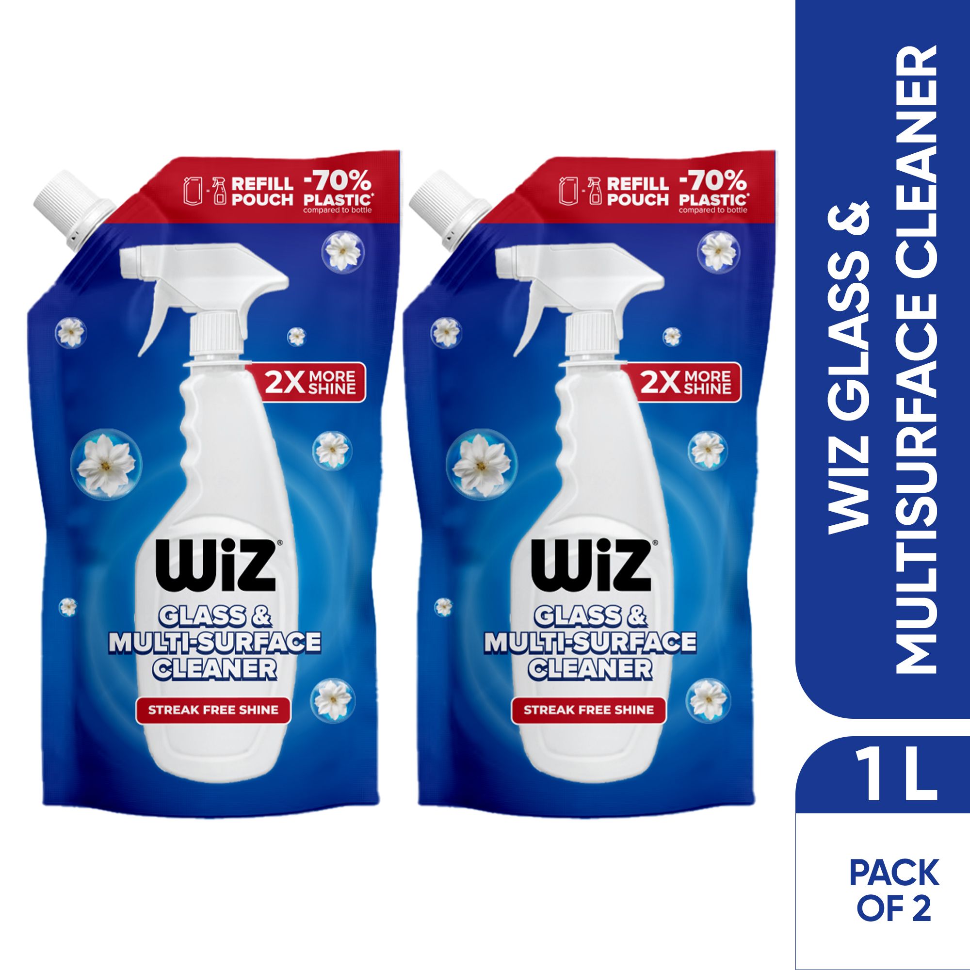 Wiz Cleen 2X More Shine Glass & Multi-Surface Cleaner Liquid 1L Refill (Pack of 2) | Streak-Free Shine | Glass Cleaner for Car, Kitchen & Home | 70% Less Plastic Refill Pouch