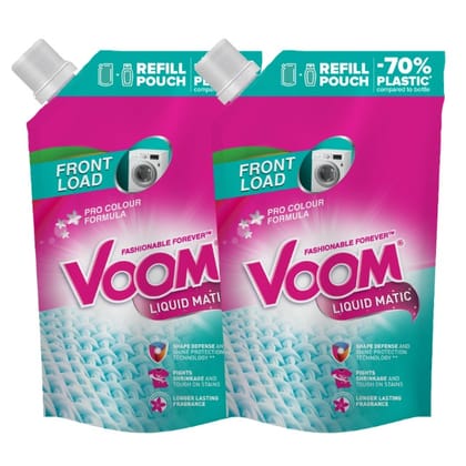 Voom Liquid Matic Front Load Laundry Detergent Refill Pouch - 1L (Pack of 2)| Pro Colour Formula | 70% Less Plastic | Fights Shrinkage & Stains | Long-Lasting Freshness