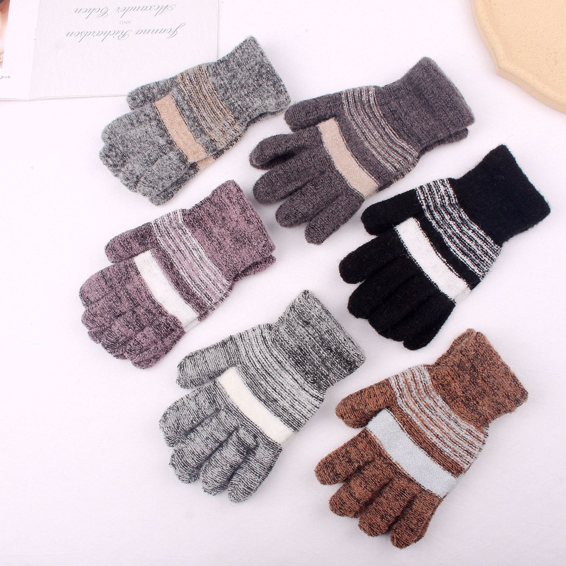 Unisex Knitted Wool Blend Striped Winter Gloves