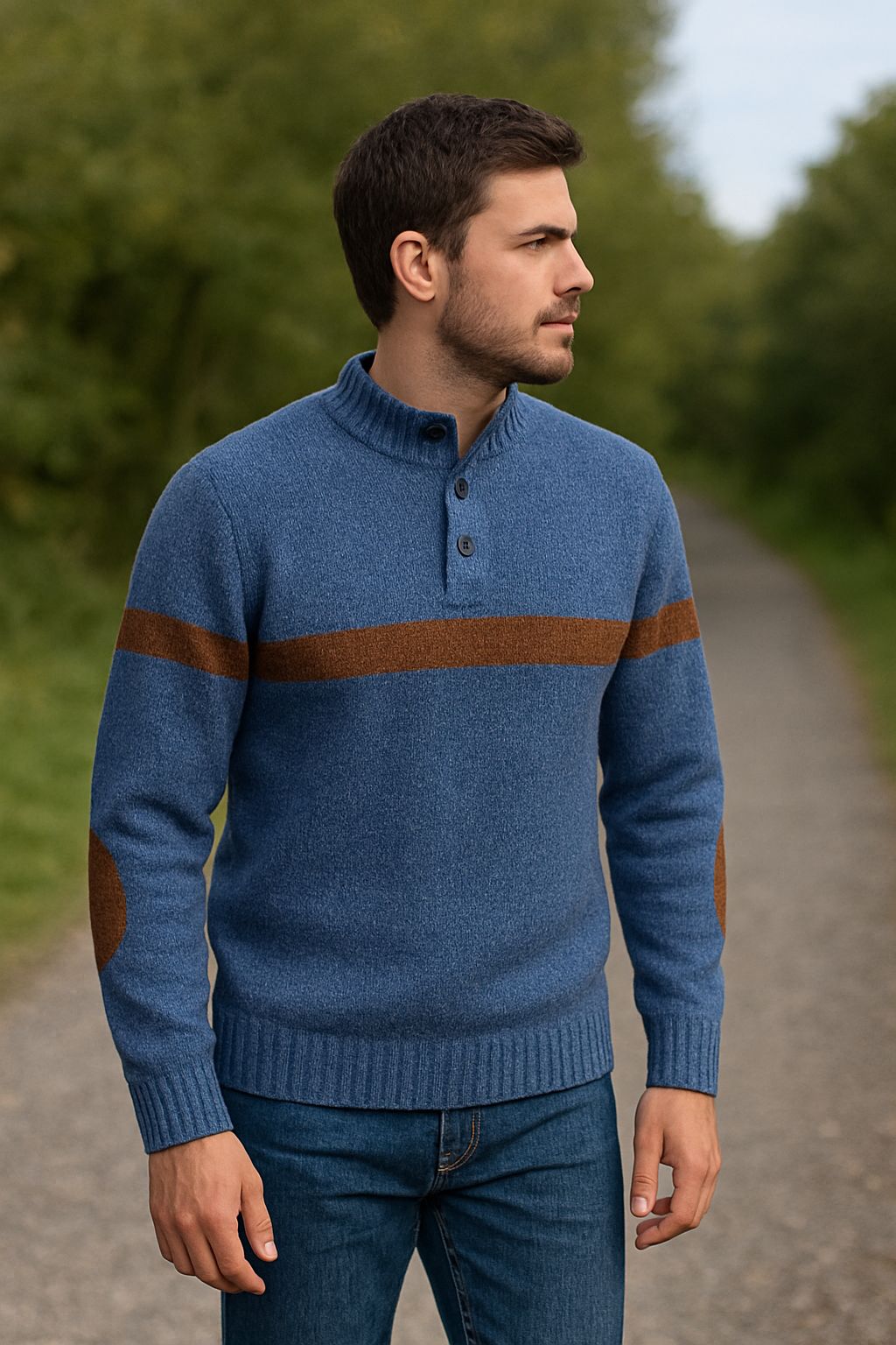 Men's Blue Wool Blend Striped Sweater with Elbow Patches