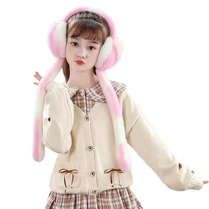 Rainbow Color Adorable Bunny Moving Ear Earmuffs for Kids | Soft Plush Ear Muffs with Sound | Warm Winter Faux Fur Ear Warmers for Boys & Girls light pink