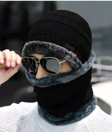 Unisex Winter Knitted Beanie Hat & Neck Warmer Set - Black