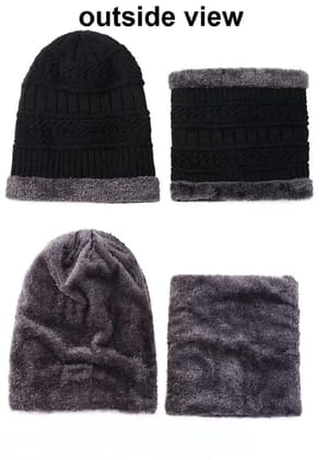 Unisex Winter Knitted Beanie Hat & Neck Warmer Set - Black