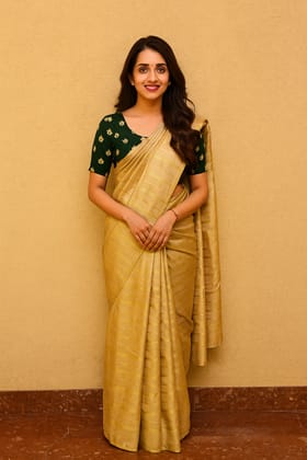 Elegant Beige Silk Saree with Golden Striped and Bottle Green Blouse Piece