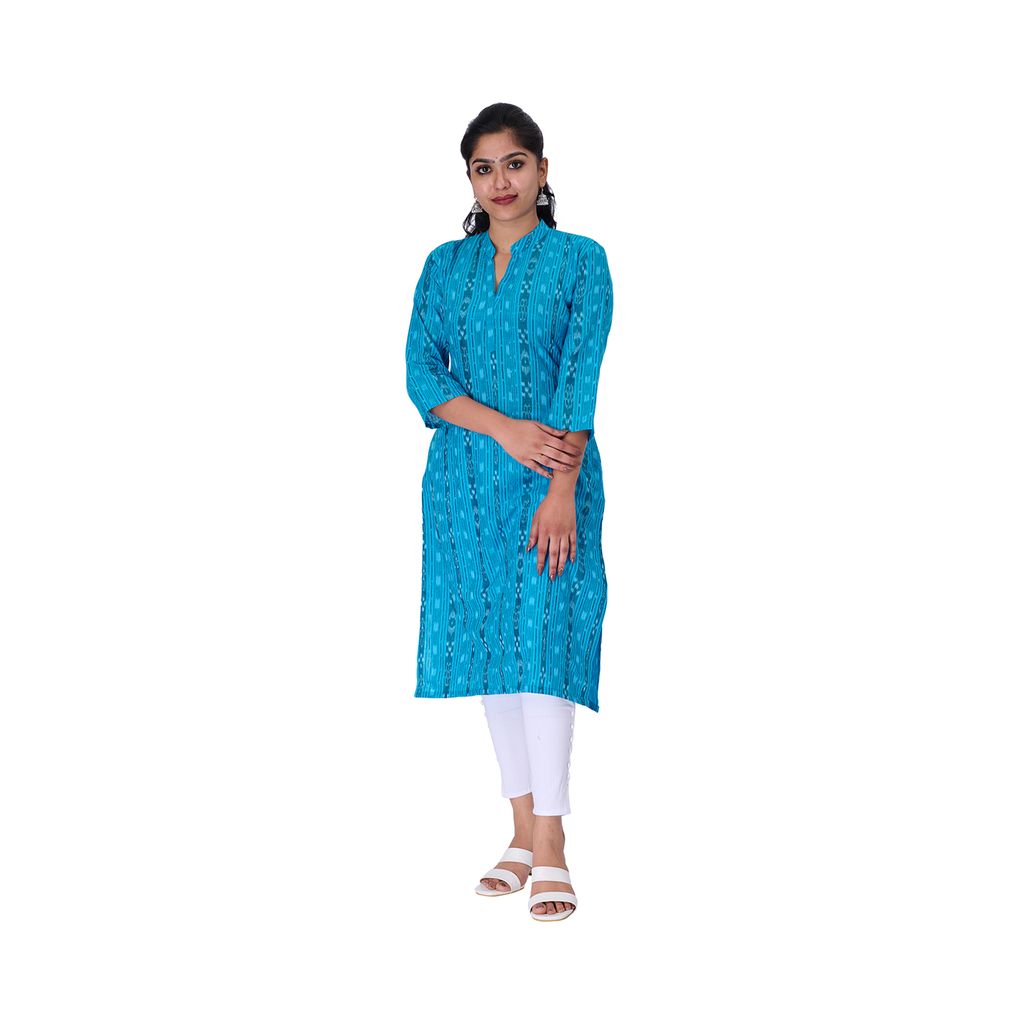 GHL GUENDICHA HAAT Sambalpuri Certified Handloom Women's Pure Cotton Kurta(Sky Blue ,S)