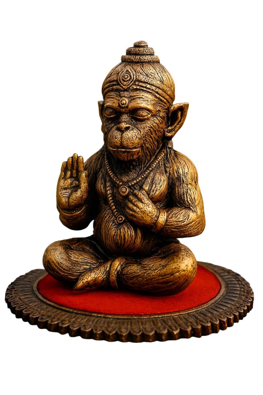 Divine Lord Hanuman Resin Idol with Red Velvet Base - Golden Brown