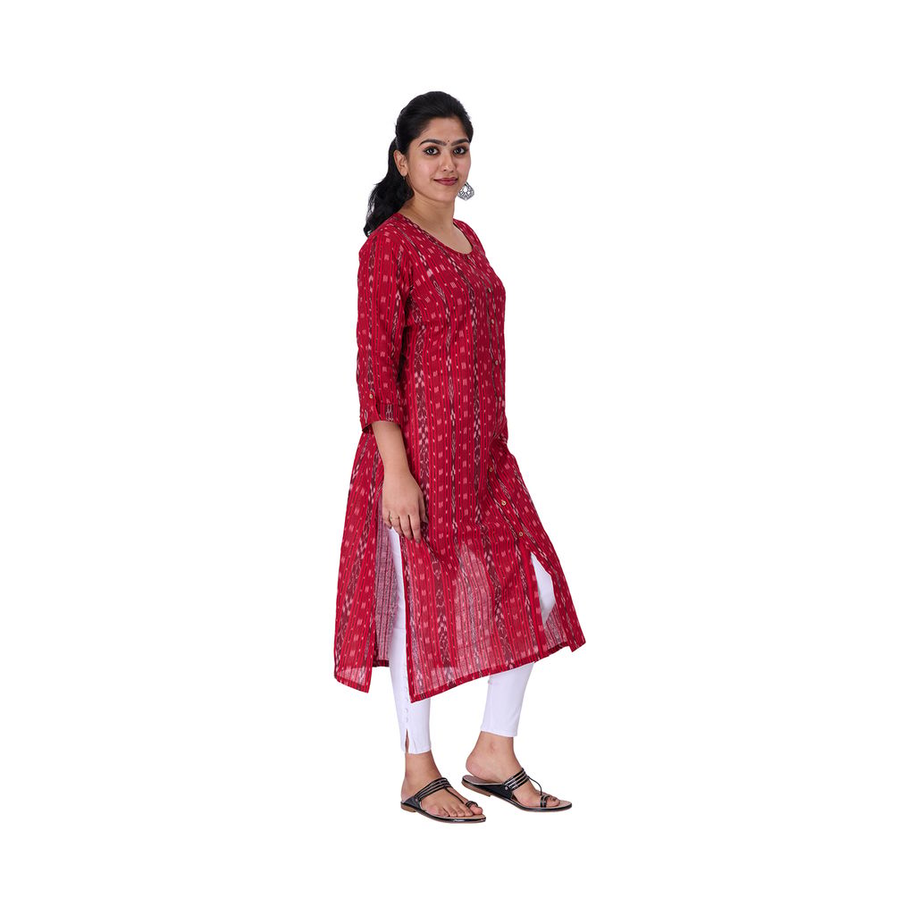 GHL GUENDICHA HAAT Sambalpuri Certified Handloom Women's Pure Cotton Round Neck Front Slit Kurta