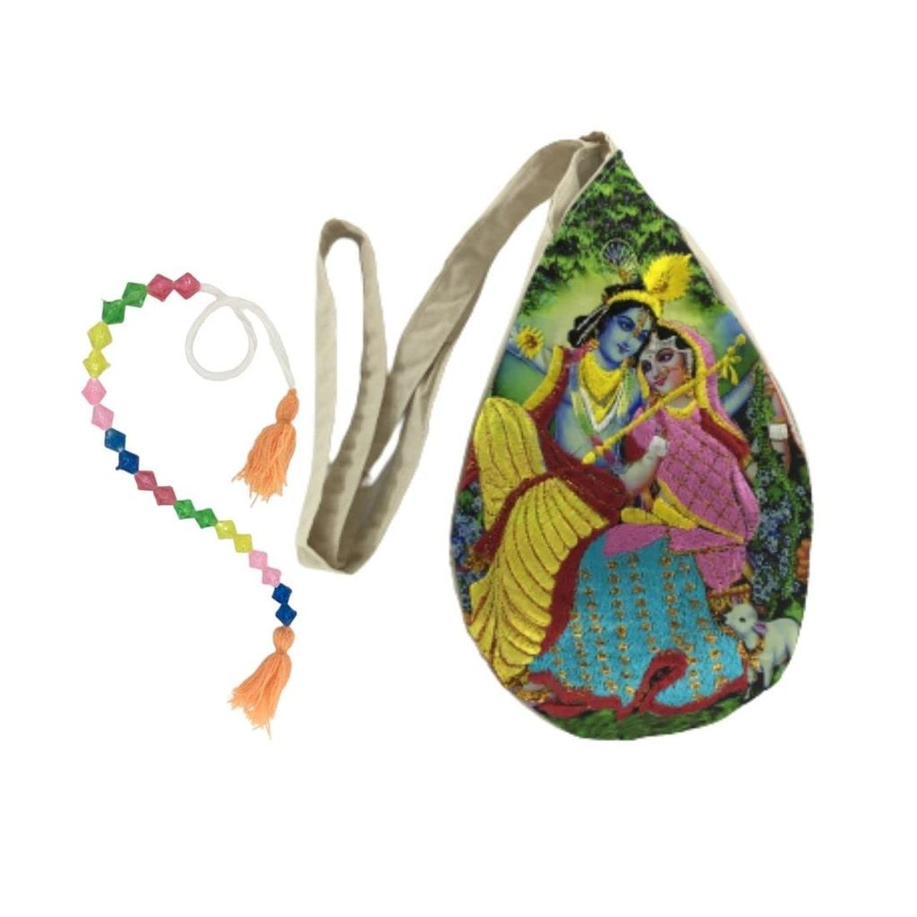 MAYAPURI Radha Krishna Embroidered Japa Bag/Chanting Bag & Sakshi Mala Counter - Pooja Needs | Buy online on ZillyBuy