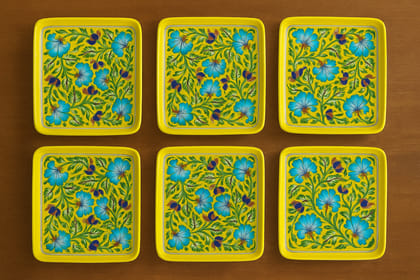 Handmade Yellow Ceramic Floral Coasters (Set of 6)