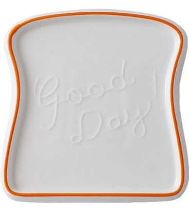 Toast Shaped Ceramic Plate with "Good Day" Inscription - White & Orange Rim