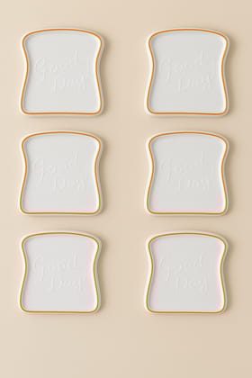 Good Day Toast Coasters - Set of 6 White Ceramic Bread Slice Shaped Drink Mats
