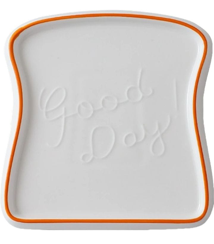 Charming White Ceramic Toast Plate with Orange Rim & "Good Day" Embossed Design