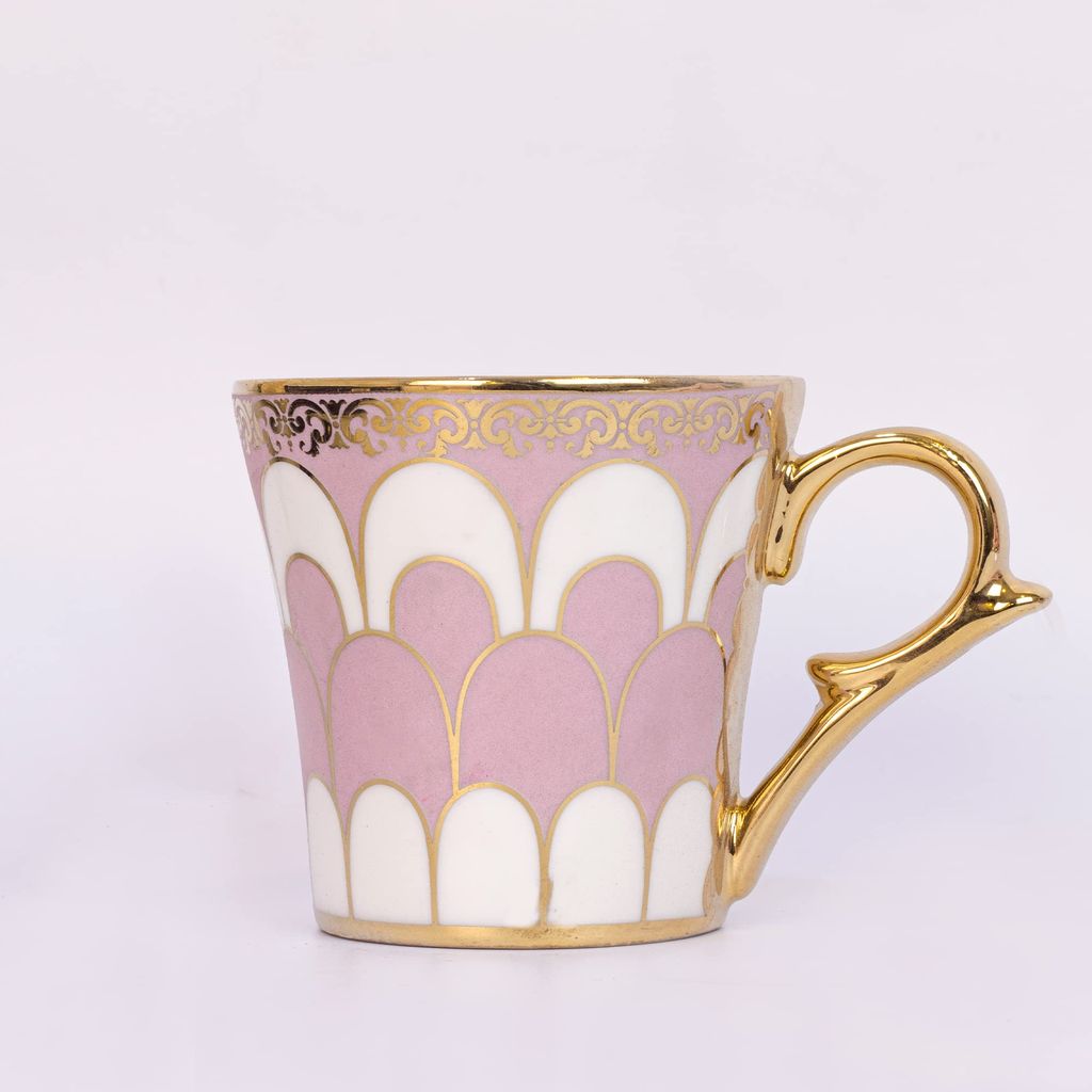 Femora Water Drop Scale Pattern Golden Tea Mugs, Ceramic Tea Cups, Coffee Mugs (160 ml, Pink) - 6 Pcs Set