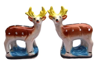 Decorative Ceramic Deer Showpieces - Pair of Brown Deer Figurines with Yellow Antlers for Home Decor