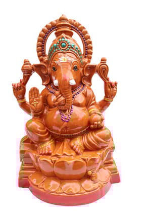 Hand-Painted Lord Ganesha Idol on Lotus Base, Terracotta Finish Resin Statue