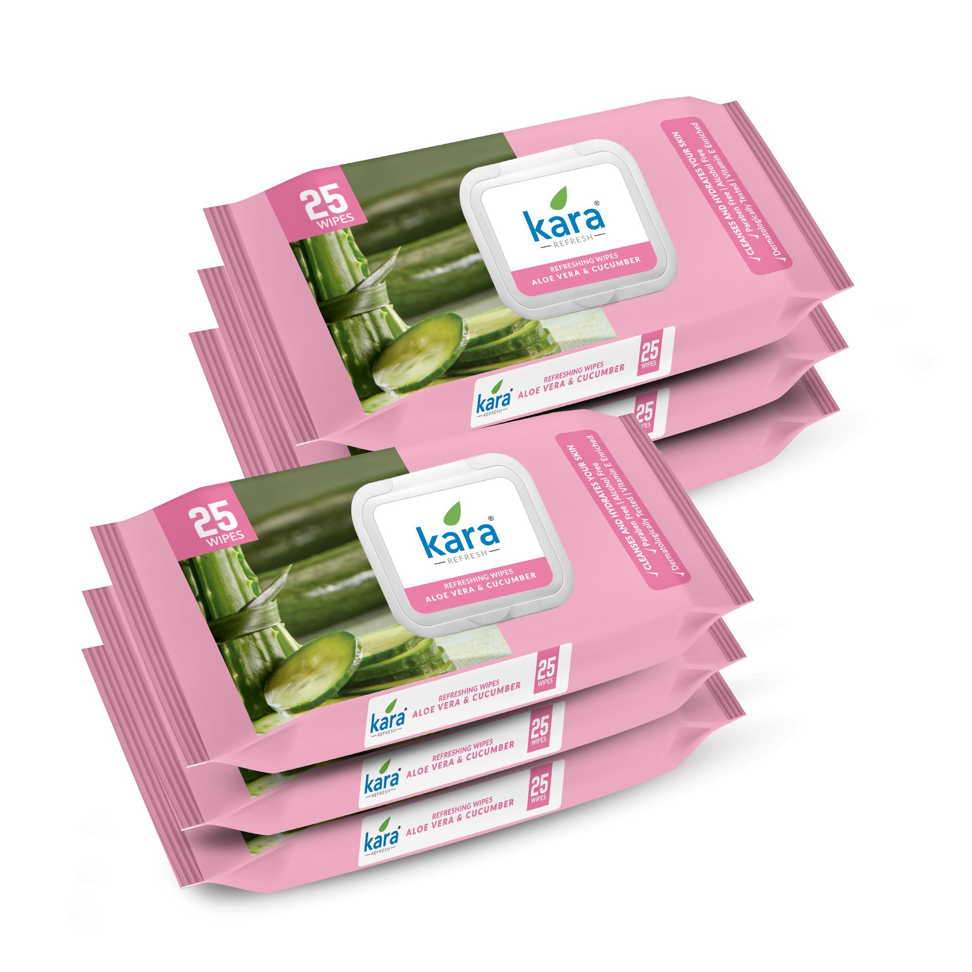 Kara Beauty Refreshing Wipes with Aloe Vera & Cucumber - 25 N Each (Pack of 6, 120 Pulls) | Paraben & Alcohol Free | Cleanses, Hydrates & Refreshes Skin ASIN B0D841H8N1 SKU CPPL-KARA-FW-AVC-25x6