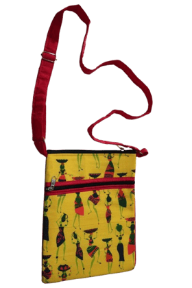 Yellow Tribal Art Print Cotton Sling Bag with Adjustable Red Strap