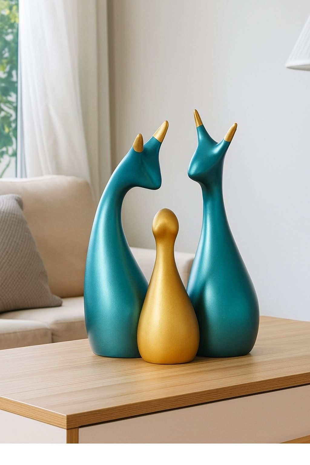 Family Deer Resin Statue Set - Blue and Gold Metallic Showpiece for Home Decor