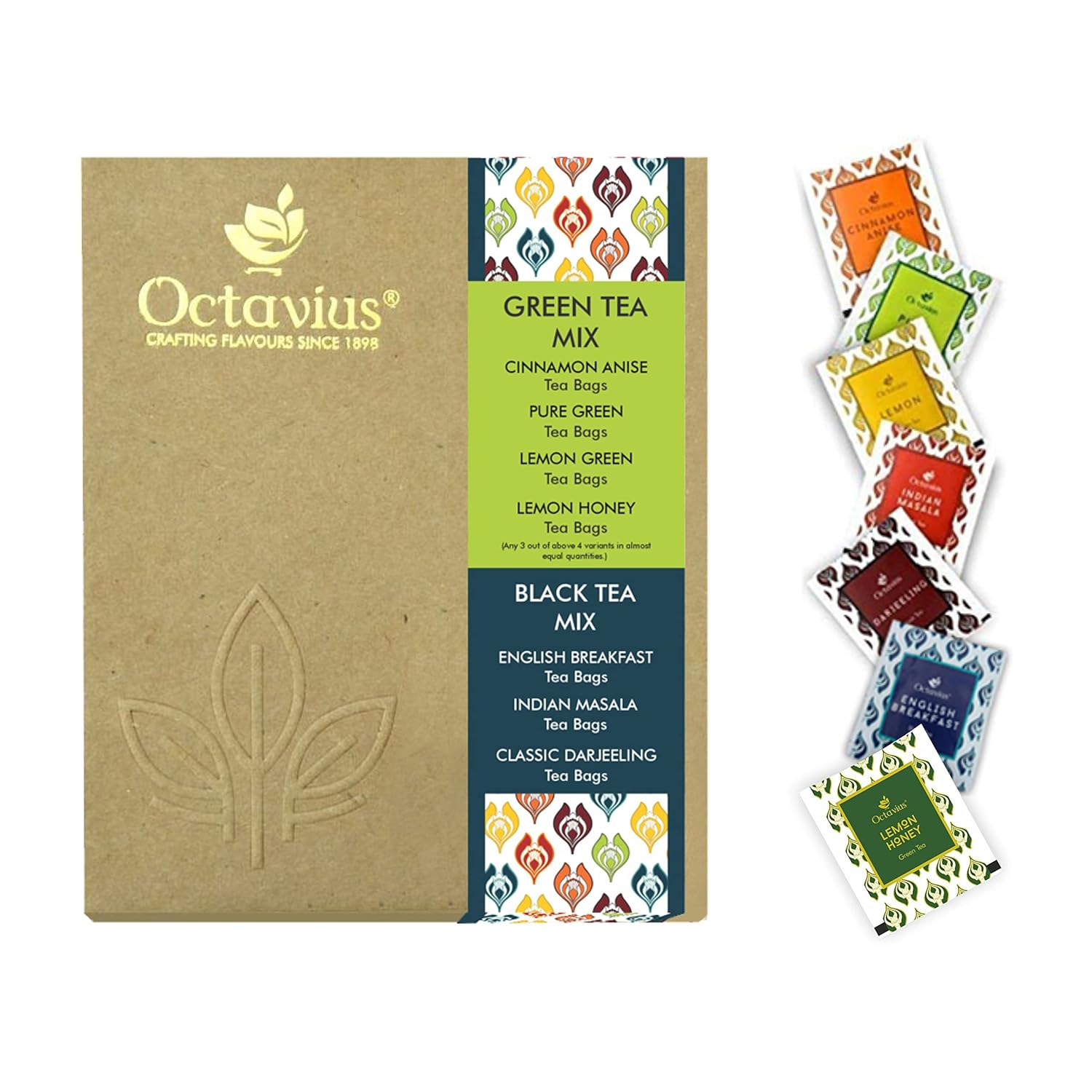 Octavius 6 Assorted Black and Green Tea | Enveloped Tea Bags for Freshness | Perfect for Gifting | Serve Hot or as Iced Tea | Economy Pack of 100 Teabags