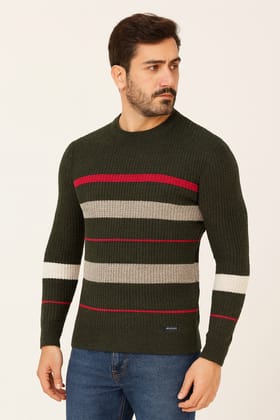D'luzions Men's Striped Ribbed Knit Wool Sweater - Dark Green