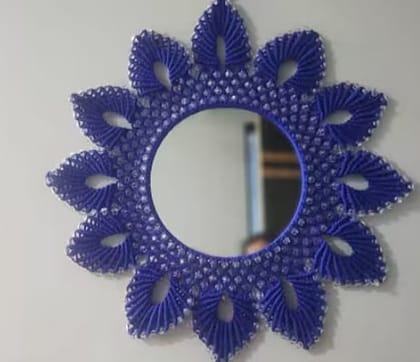 Macrame Royal Blue Mirror Wall Decor with Beaded Sunburst Design