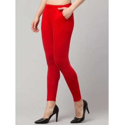 Women's Solid Red Basic Cotton Blend Full Length Leggings