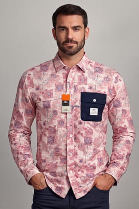 Men’s Pink Floral Print Full Sleeve Cotton Casual Shirt with Navy Blue Pocket