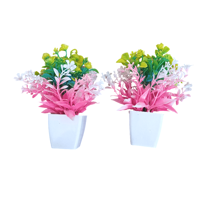 Set of 2 Vibrant Artificial Potted Plants with Pink, White & Green Foliage