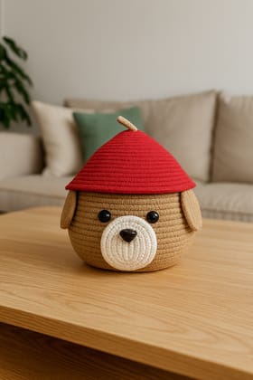 Handcrafted Crochet Dog Storage Basket with Red Conical Lid