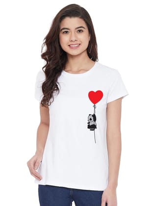 Women's Cotton Blend Panda With Heart Balloon Printed T-Shirt L (White)