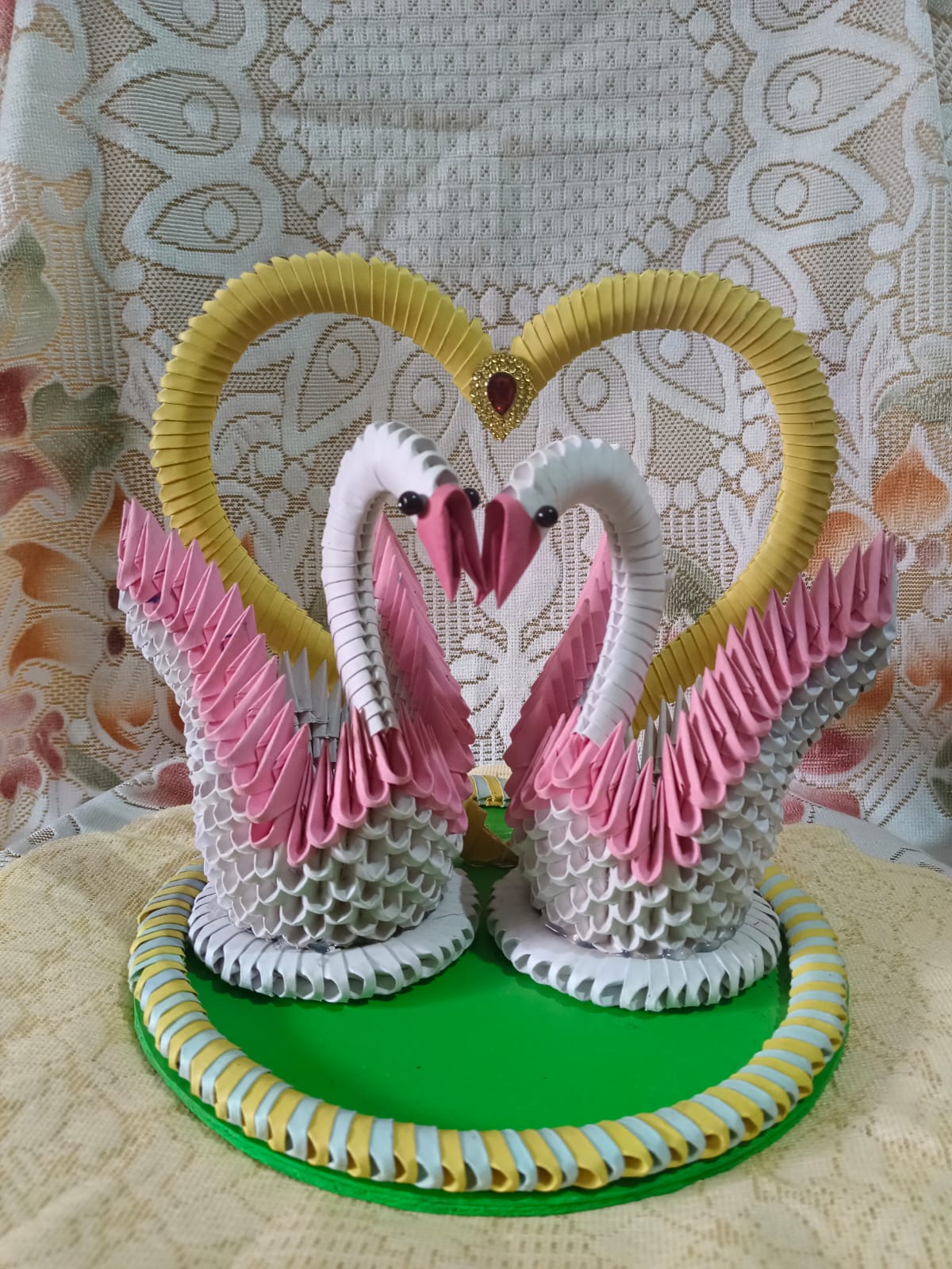 Handcrafted 3D Origami Swan Couple with Golden Heart Frame - White & Pink Decorative Showpiece