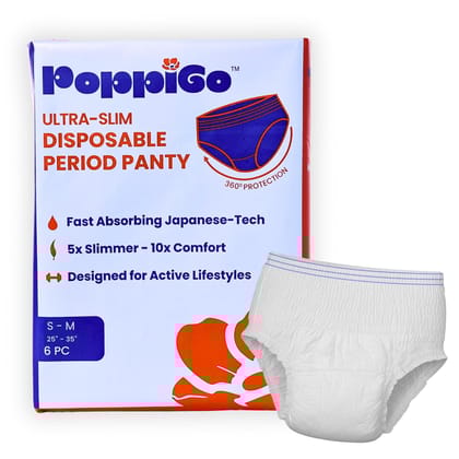 PoppiGo Ultra-Slim Period Panty for Girls | S-M | 6pc | Heavy Flow Protection & Rash-Free | 360 Degree Coverage | 0% Leaks | Japanese Gel Core | Made-for-You Fit | Active Day & Night Use