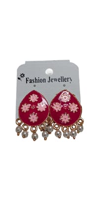 Traditional Pink Floral Enamel Jhumka Earrings with Pearl Drops