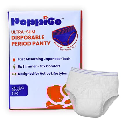 PoppiGo Ultra-Slim Disposable Period Panty for Girls | 2XL–3XL | 6pc | Heavy Flow Protection & Rash-Free| 360-Degree Coverage | 0% Leaks | Japanese Gel Core | Made-for-You Fit