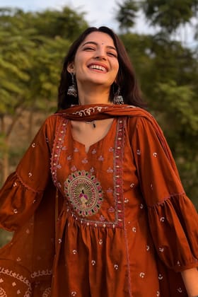 Rust Orange Embroidered Cotton Kurta with Bell Sleeves Rust Orange Embroidered Cotton Kurta with Bell Sleeves