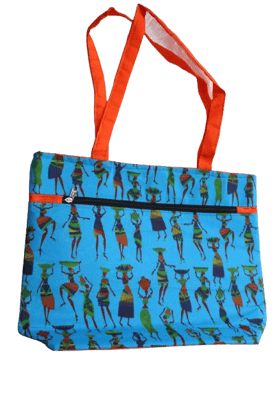Vibrant Blue Cotton Tote Bag with Ethnic Print & Zipper Closure Vibrant Blue Cotton Tote Bag with Ethnic Print & Zipper Closure