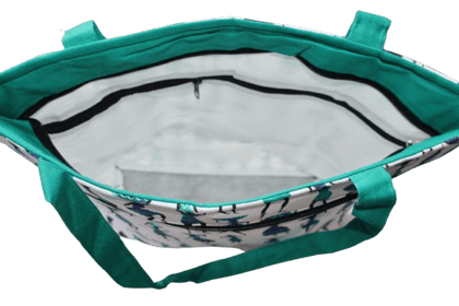 Handmade Tribal Print Cotton Tote Bag – White Base with Teal Handles, Multi-Pocket, Zipper Closure, Spacious & Eco-Friendly Handmade Tribal Print Cotton Tote Bag – White Base with Teal Handles, Multi-Pocket, Zipper Closure, Spacious & Eco-Friendly