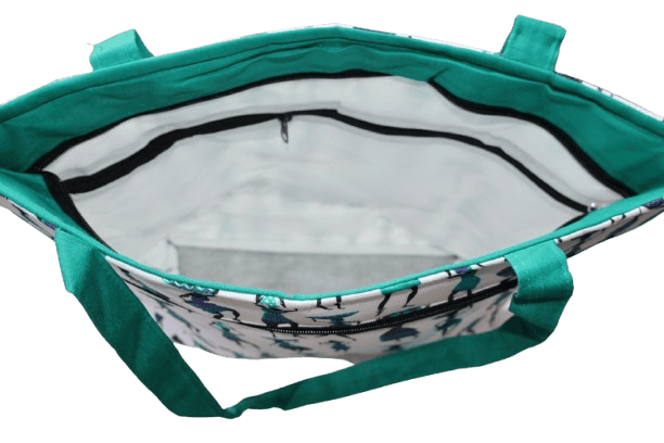 Handmade Tribal Print Cotton Tote Bag – White Base with Teal Handles, Multi-Pocket, Zipper Closure, Spacious & Eco-Friendly