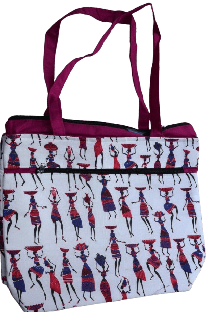 Handmade White Tribal Print Cotton Tote Bag with Magenta Handles – Multi-Pocket, Zipper Closure, Spacious & Eco-Friendly - Handbags | Buy online on ZillyBuy