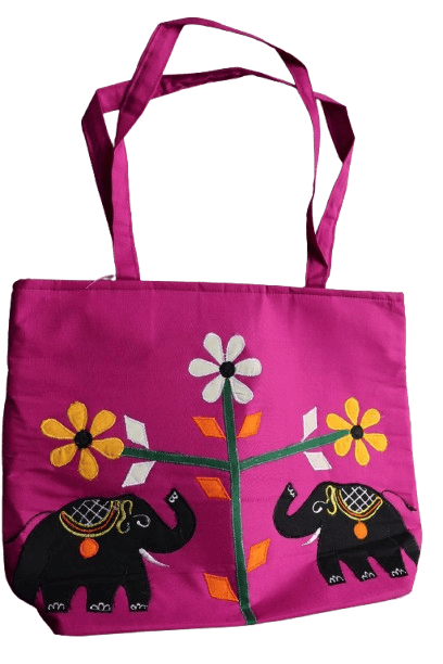 Handmade Embroidered Elephant Cotton Tote Bag –  Dual Straps, Spacious Daily Use Handbag for Women