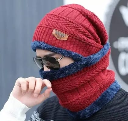 Warm Red Knitted Beanie Hat and Neck Warmer Set for Winter