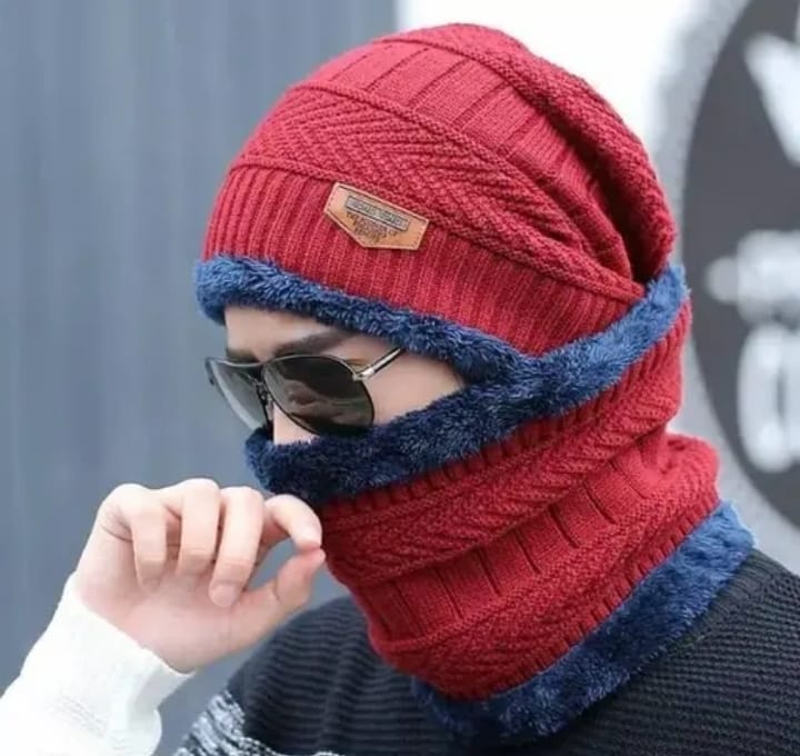 Warm Red Knitted Beanie Hat and Neck Warmer Set for Winter