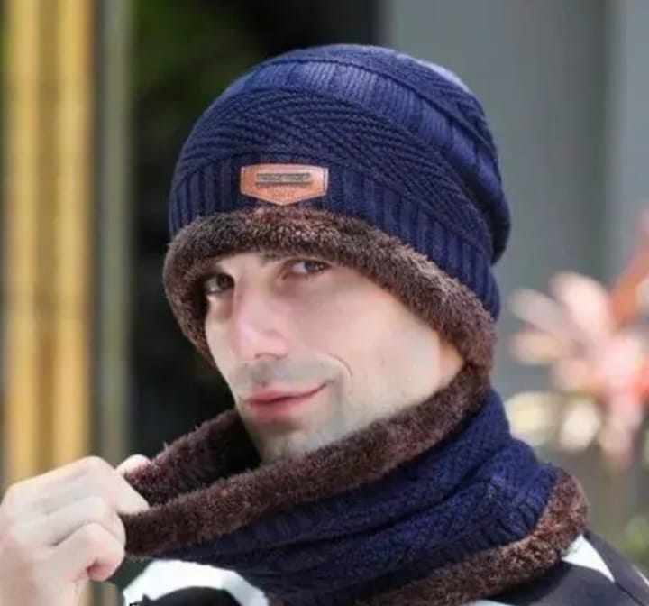 Men's Navy Blue Knitted Beanie Cap & Fleece Neck Warmer Set