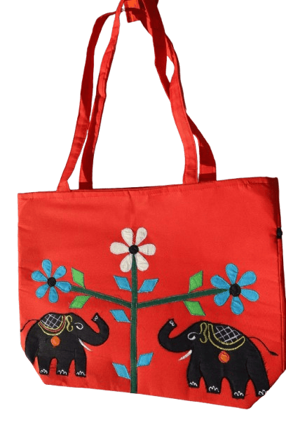Handmade Red Cotton Tote Bag with Elephant Embroidery – Spacious, Dual-Strap Shoulder Bag with Back Zipper Pocket - Handbags | Buy online on ZillyBuy