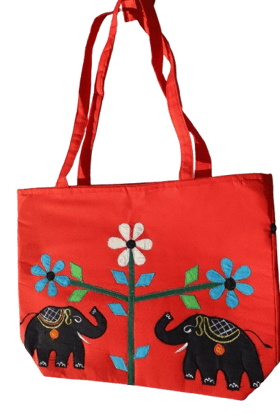 Handmade Red Cotton Tote Bag with Elephant Embroidery – Spacious, Dual-Strap Shoulder Bag with Back Zipper Pocket Handmade Red Cotton Tote Bag with Elephant Embroidery – Spacious, Dual-Strap Shoulder Bag with Back Zipper Pocket