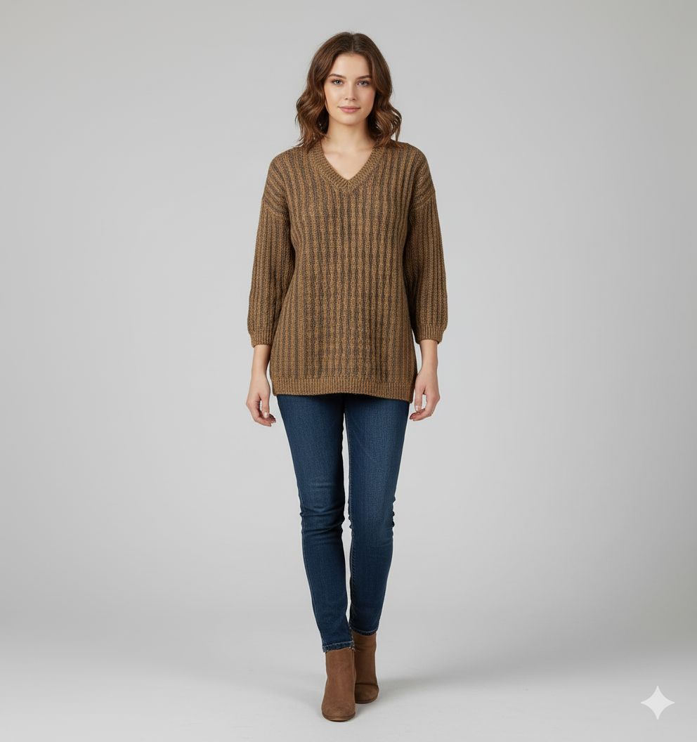 Women's Ribbed Brown V-Neck 3/4 Sleeve Knit Sweater
