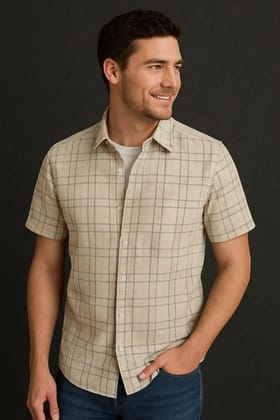 Men's Beige Plaid Short Sleeve Casual Shirt Men's Beige Plaid Short Sleeve Casual Shirt