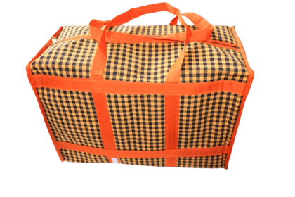 Large Yellow & Black Checkered Travel Bag with Heavy-Duty Orange Straps – Durable Zip Closure, Extra Spacious Utility & Storage Bag